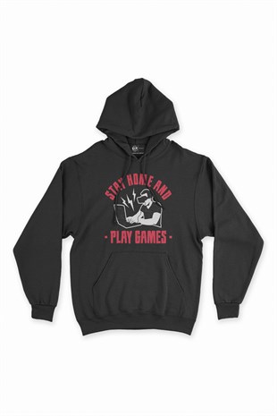 Kırmızı Stay Home Play Game Siyah Kapşonlu Sweatshirt Hoodie