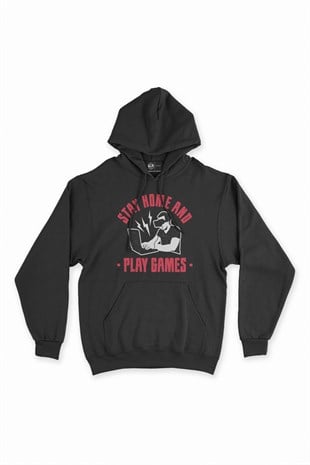 Kırmızı Stay Home Play Game Siyah Kapşonlu Sweatshirt Hoodie