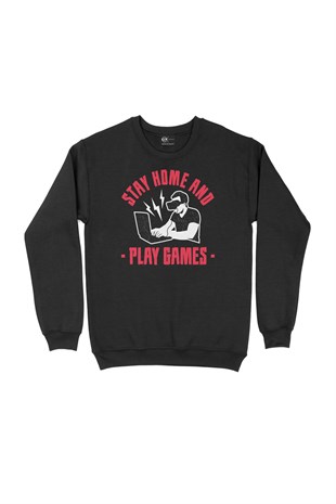 Kırmızı Stay Home Play Game Siyah Sweatshirt