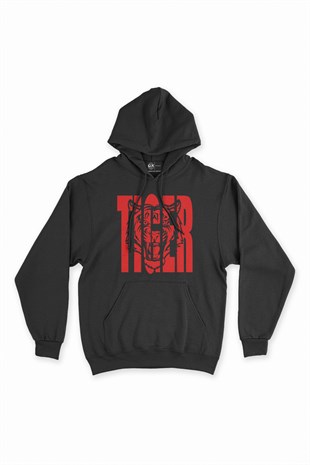 Kırmızı Tiger Kaplan Siyah Kapşonlu Sweatshirt Hoodie