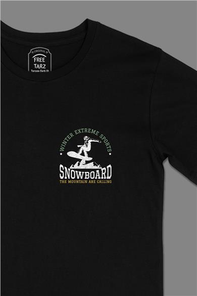 Kış Kayak Snowboard Cep Tasarımlı Siyah Tişört