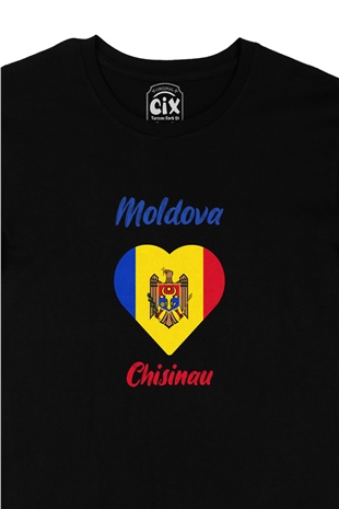 Kişinev Moldova Bayraklı Kalpli Siyah Tişört