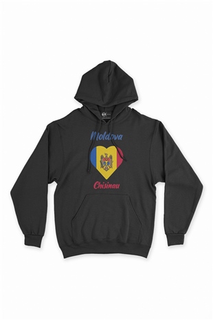 Kişinev Moldova Bayraklı Kalpli Siyah Sweatshirt Hoodie