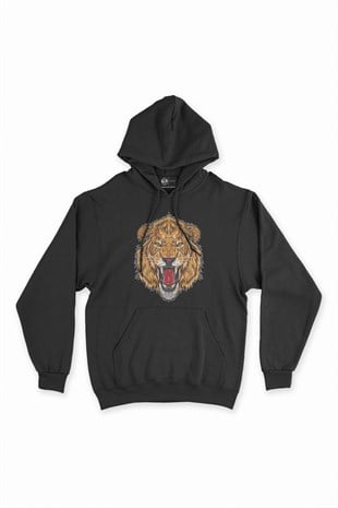 Kızgın Aslanlı Siyah Kapşonlu Sweatshirt Hoodie