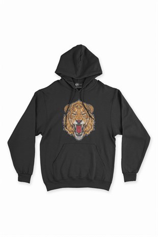 Kızgın Aslanlı Siyah Kapşonlu Sweatshirt Hoodie