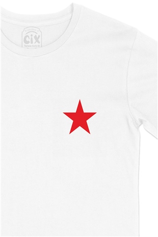 Kızıl Yıldız Cep Logo Tasarımlı Beyaz Tişört