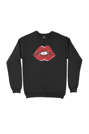 Klasik Dudak Baskılı  Siyah Sweatshirt