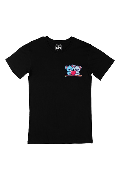 Koala Aşkı Cep Logo Tasarımlı Siyah Tişört