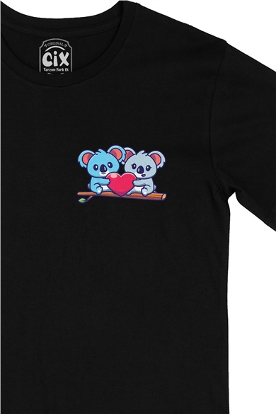 Koala Aşkı Cep Logo Tasarımlı Siyah Tişört