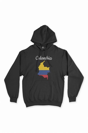 Kolombiya Haritalı ve Bayraklı Siyah Kapşonlu Sweatshirt Hoodie