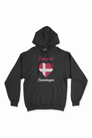 Kopenhang Danimarka Bayraklı Kalpli Siyah Sweatshirt Hoodie