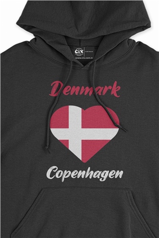 Kopenhang Danimarka Bayraklı Kalpli Siyah Sweatshirt Hoodie