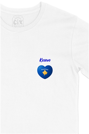Kosova Bayraklı Kalpli Cep Logo Tasarımlı Beyaz Tişört