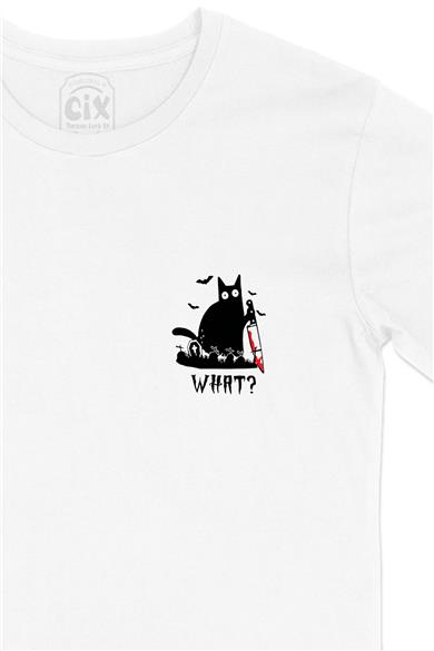 Kötü Kedi Cep Tasarım Baskılı Beyaz Tişört