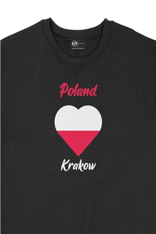 Krakow Polonya Bayraklı Kalpli Siyah Sweatshirt