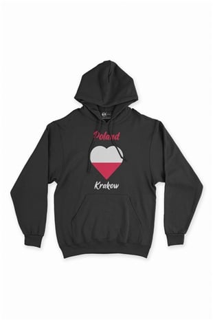 Krakow Polonya Bayraklı Kalpli Siyah Sweatshirt Hoodie
