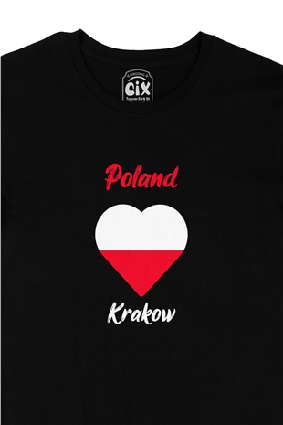 Krakow Polonya Bayraklı Kalpli Siyah Tişört