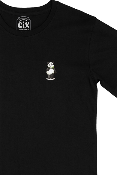Küçük Panda Cep Logo Tasarımlı Siyah Tişört