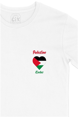 Kudüs Filistin Bayraklı Kalpli Cep Logo Tasarımlı Beyaz Tişört
