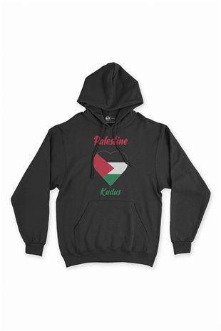 Kudüs Filistin Bayraklı Kalpli Siyah Sweatshirt Hoodie