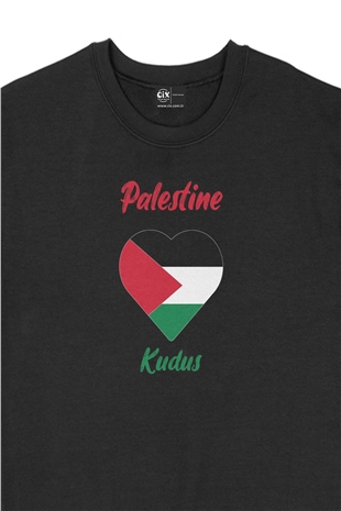 Kudüs Filistin Bayraklı Kalpli Siyah Sweatshirt