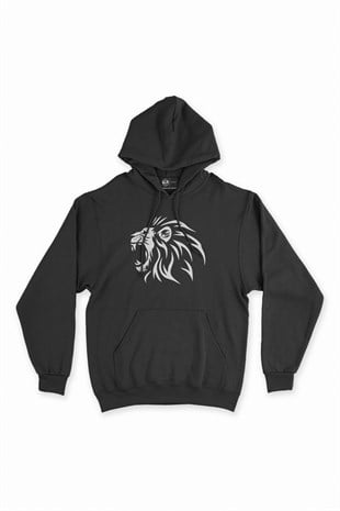 Kükreyen Aslanlı Siyah Kapşonlu Sweatshirt Hoodie
