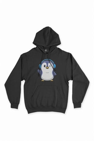 Kulaklıklı Penguen Siyah Kapşonlu Sweatshirt Hoodie