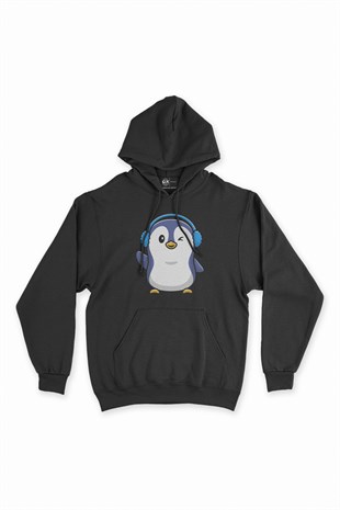Kulaklıklı Penguen Siyah Kapşonlu Sweatshirt Hoodie