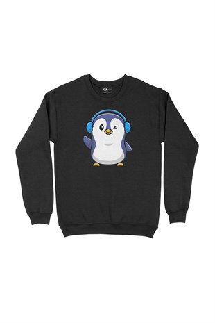 Kulaklıklı Penguen Siyah Sweatshirt