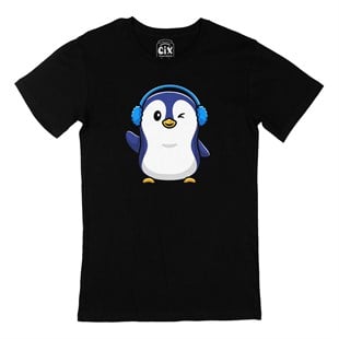 Kulaklıklı Penguen Siyah Tişört