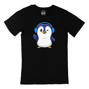 Kulaklıklı Penguen Siyah Tişört
