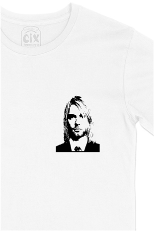 Kurt Cobain Cep Logo Tasarımlı Beyaz Tişört