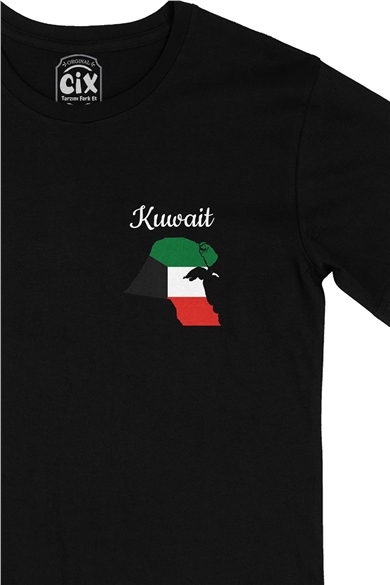 Kuveyt Haritalı ve Bayraklı Cep Logo Tasarımlı Siyah Tişört