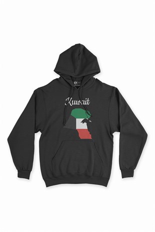 Kuveyt Haritalı ve Bayraklı Siyah Kapşonlu Sweatshirt Hoodie