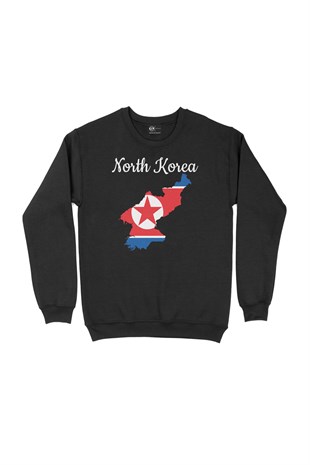 Kuzey Kore Haritalı ve Bayraklı Siyah Sweatshirt