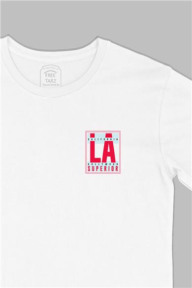 LA Californiya Hollywood Baskılı Cep Tasarım Beyaz Tişört