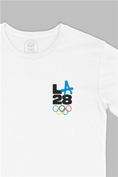 LA Los Angeles 2028 Olimpiyat Logo Baskılı Cep Tasarım Beyaz Tişört
