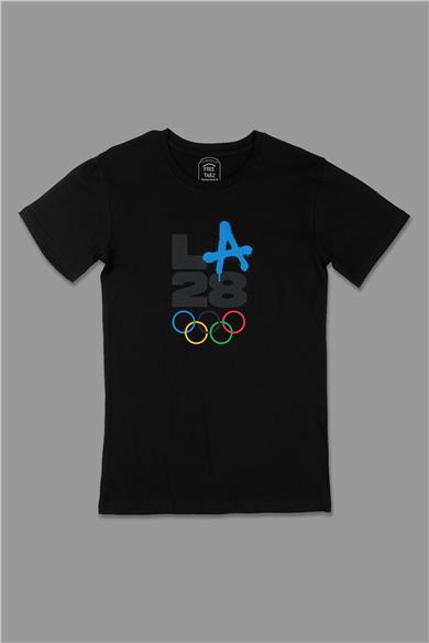 LA Los Angeles 2028 Olimpiyat Logo Büyük Baskılı Siyah Tişört