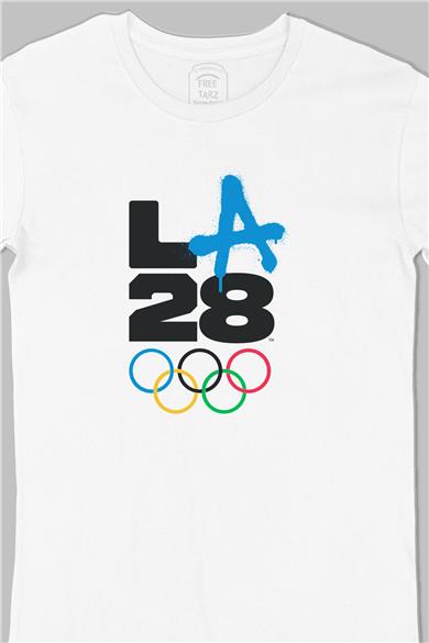 LA Los Angeles 2028 Olimpiyat Logo Büyük Baskılı Beyaz Tişört