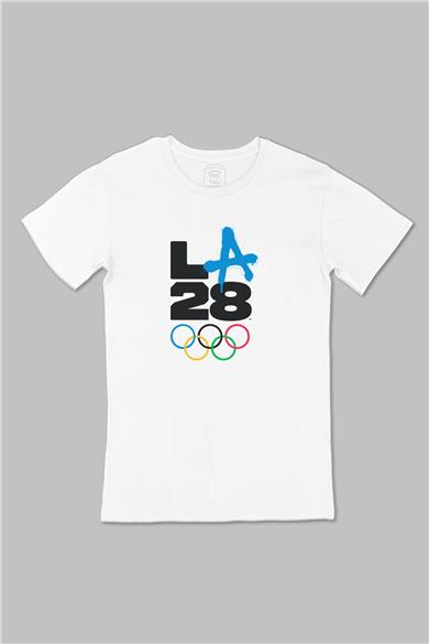 LA Los Angeles 2028 Olimpiyat Logo Büyük Baskılı Beyaz Tişört