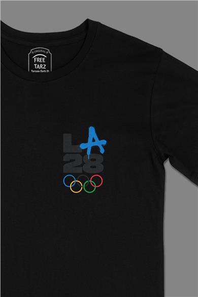 LA Los Angeles 2028 Olimpiyat Logo Cep Tasarımlı Siyah Tişört