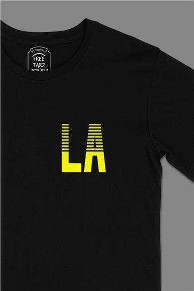 LA Los Angeles Cep Tasarımlı Siyah Tişört