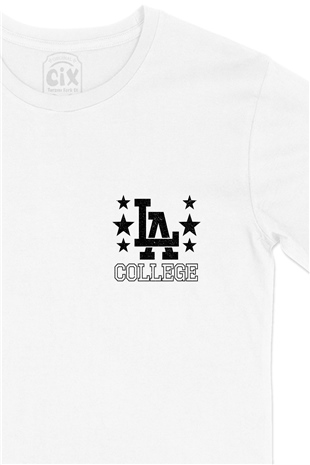 LA Los Angeles College Cep Logo Tasarımlı Beyaz Tişört