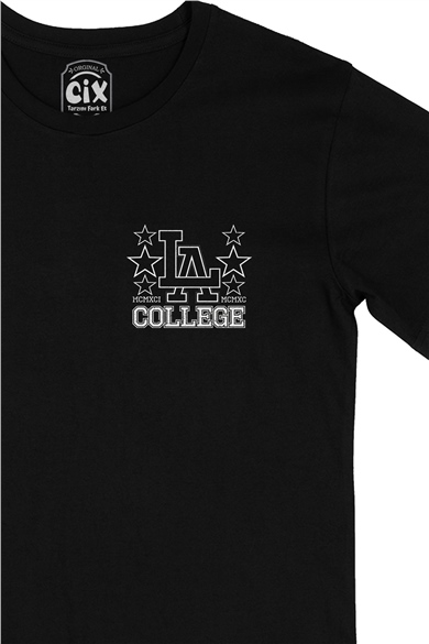 LA Los Angeles College Cep Logo Tasarımlı Siyah Tişört
