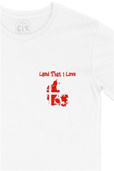 Land That I Love Danimarka Cep Tasarım Baskılı Beyaz Tişört