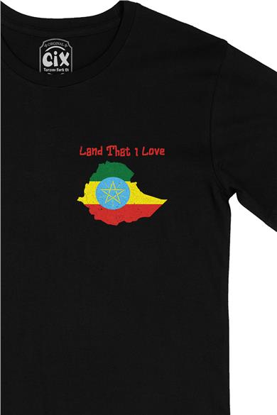 Land That I Love Etiyopya Cep Tasarım Baskılı Siyah Tişört