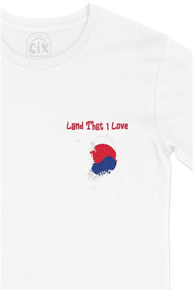 Land That I Love Güney Kore Cep Tasarım Baskılı Beyaz Tişört