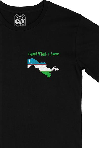 Land That I Love Özbekistan Cep Tasarım Baskılı Siyah Tişört