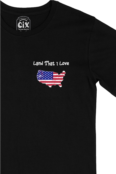 Land That I Love USA Amerika Bayraklı Kalpli Cep Logo Tasarımlı Siyah Tişört
