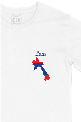 Laos Haritalı ve Bayraklı Cep Logo Tasarımlı Beyaz Tişört